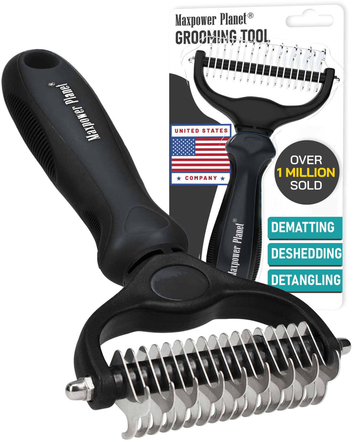Maxpower Planet dual-sided hair brush with 9 and 17 teeth for quick dematting and deshedding