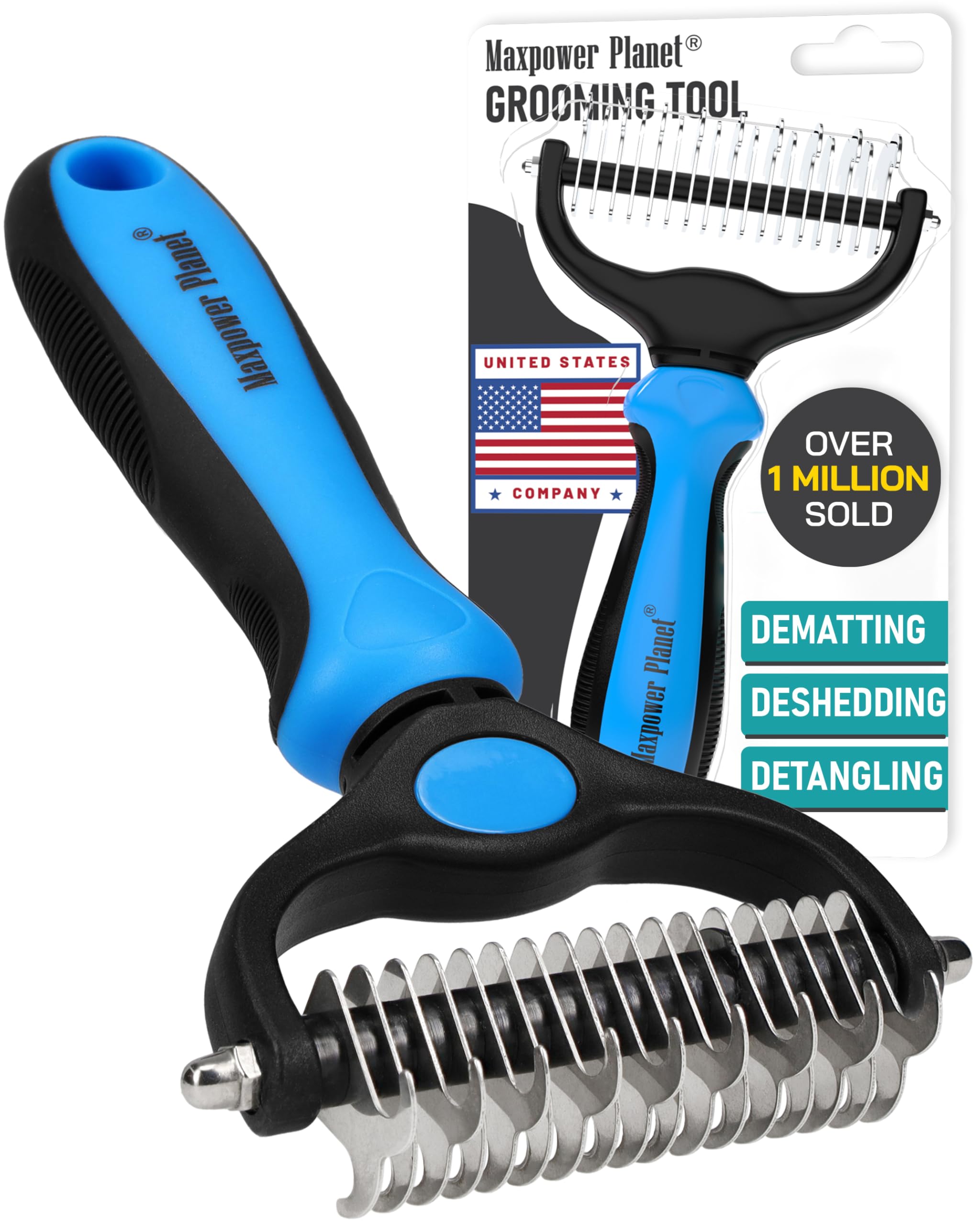 Maxpower Planet grooming rake dual-sided design eases matting and deshedding.