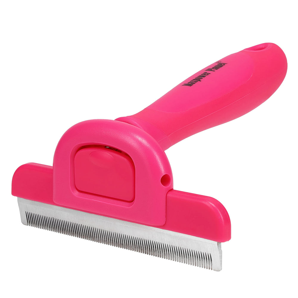 Maxpower Planet deshedding brush close-up with stainless steel blade for fur reduction.