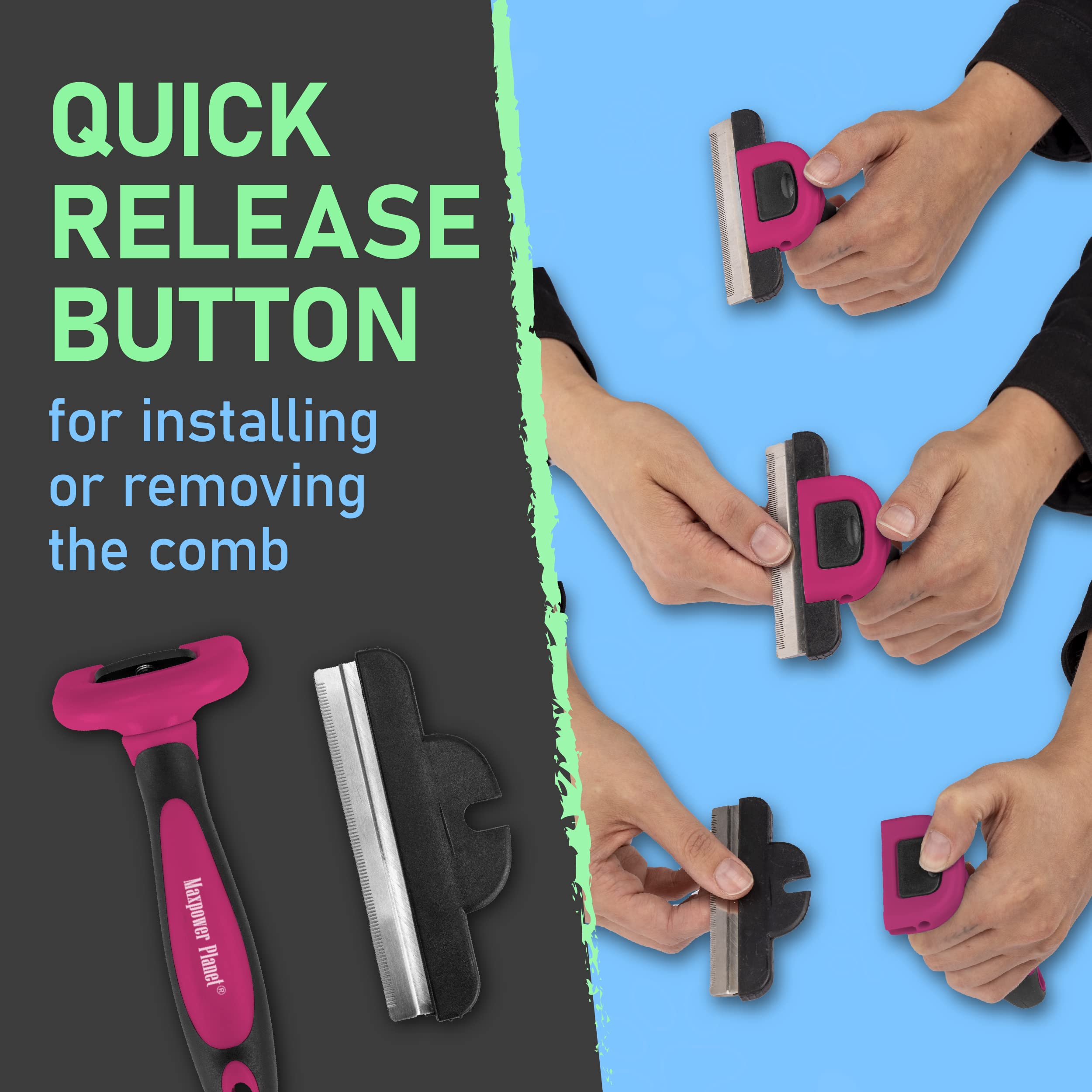 Maxpower Planet packaging demonstrates a durable deshedding tool for home use.