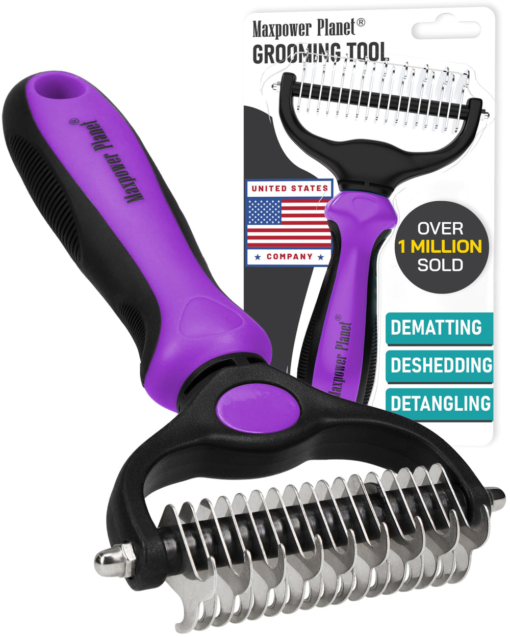 Maxpower Planet Pet Grooming Brush front view in purple for gentle dematting.