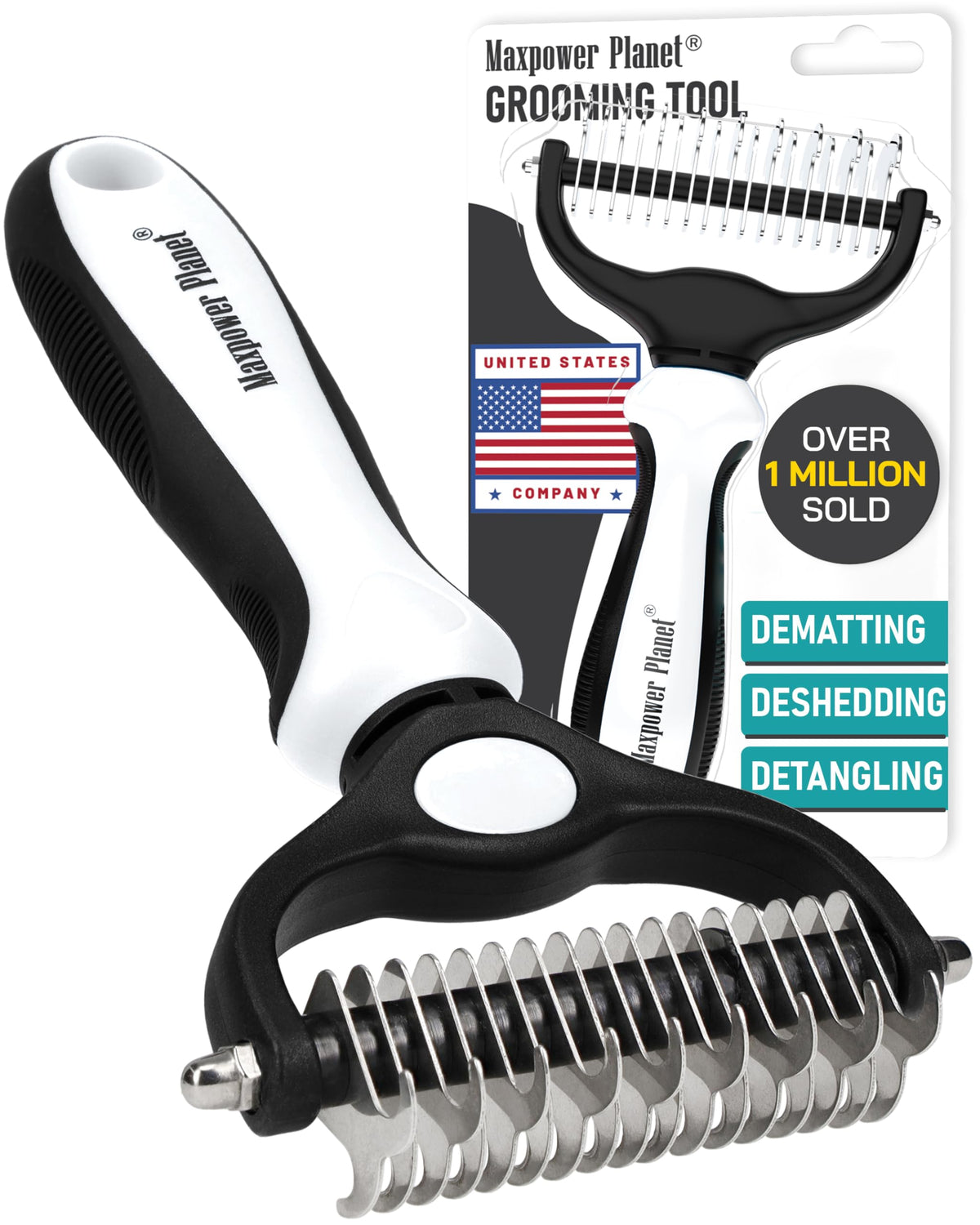 Maxpower Planet Pet Grooming Brush dual-sided close-up for mats and deshedding.