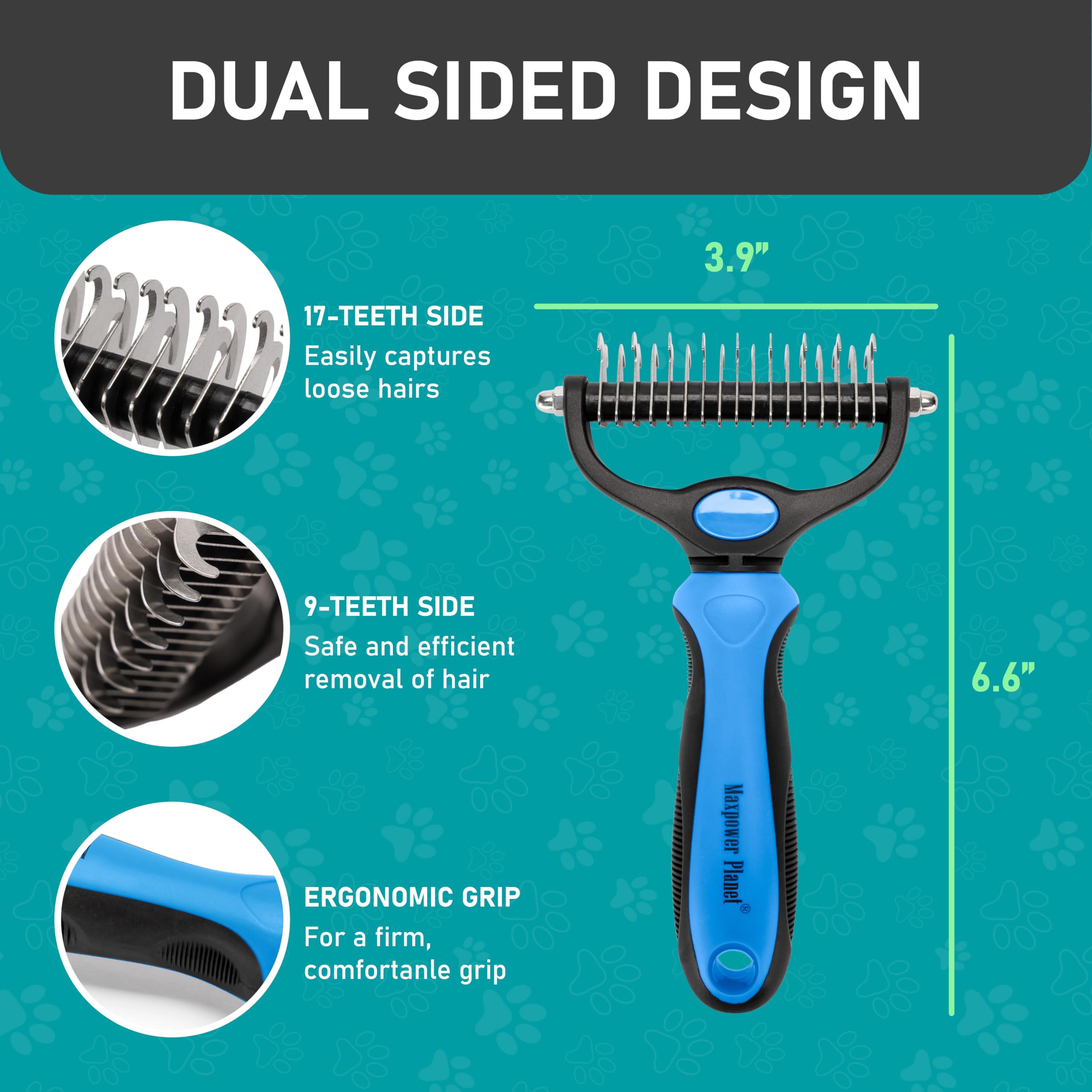Maxpower Planet undercoat rake demonstrating 17-teeth tool for thinning and deshedding.