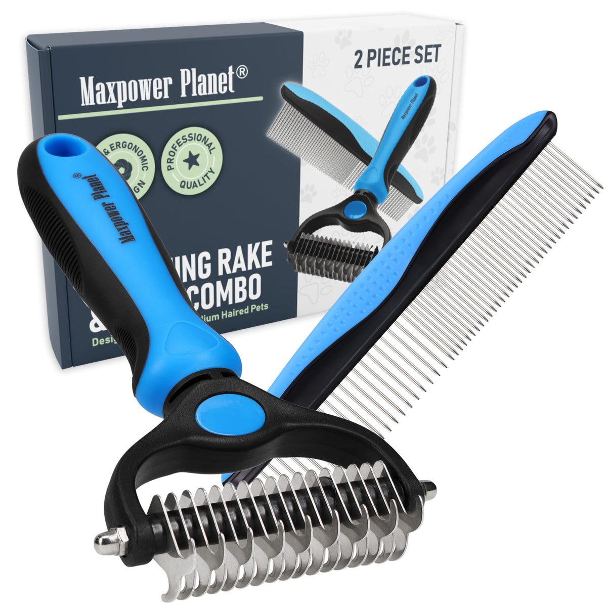 Maxpower Planet pet grooming rake and dematting comb for dogs, reduces mats during grooming.