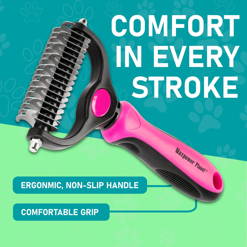 Maxpower Planet pink grooming brush in use on a pet