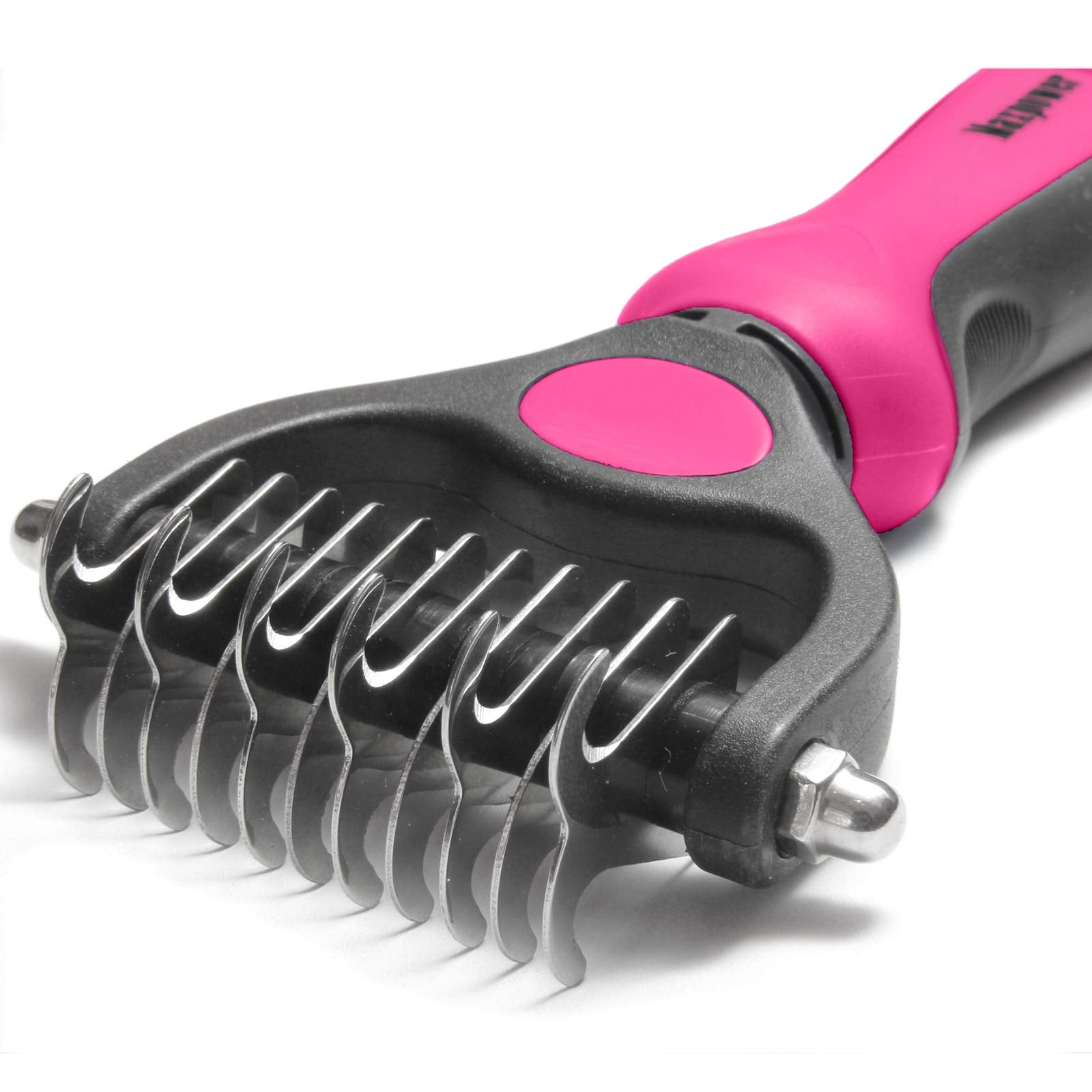 Maxpower Planet pink non-slip handle pet grooming brush for comfortable sessions.