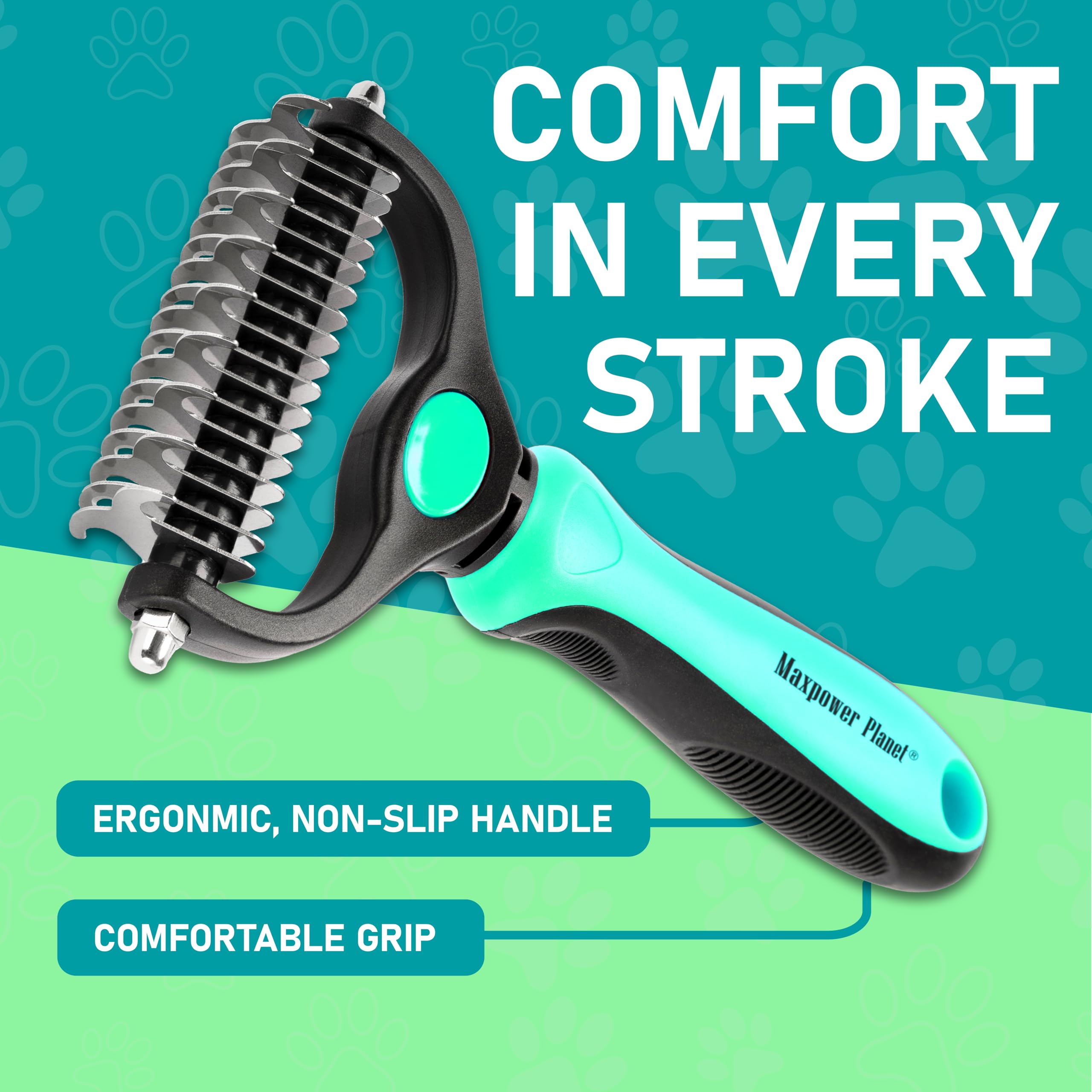Maxpower Planet turquoise grooming brush highlights stylish pet care tool.