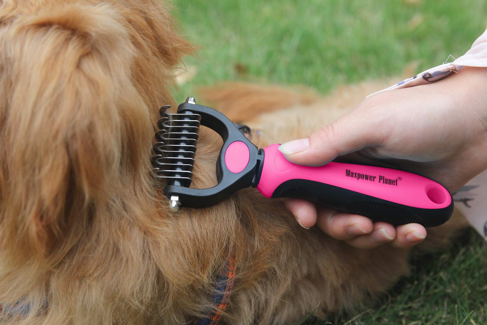 Maxpower Planet undercoat rake deshedding tool reduces loose fur.