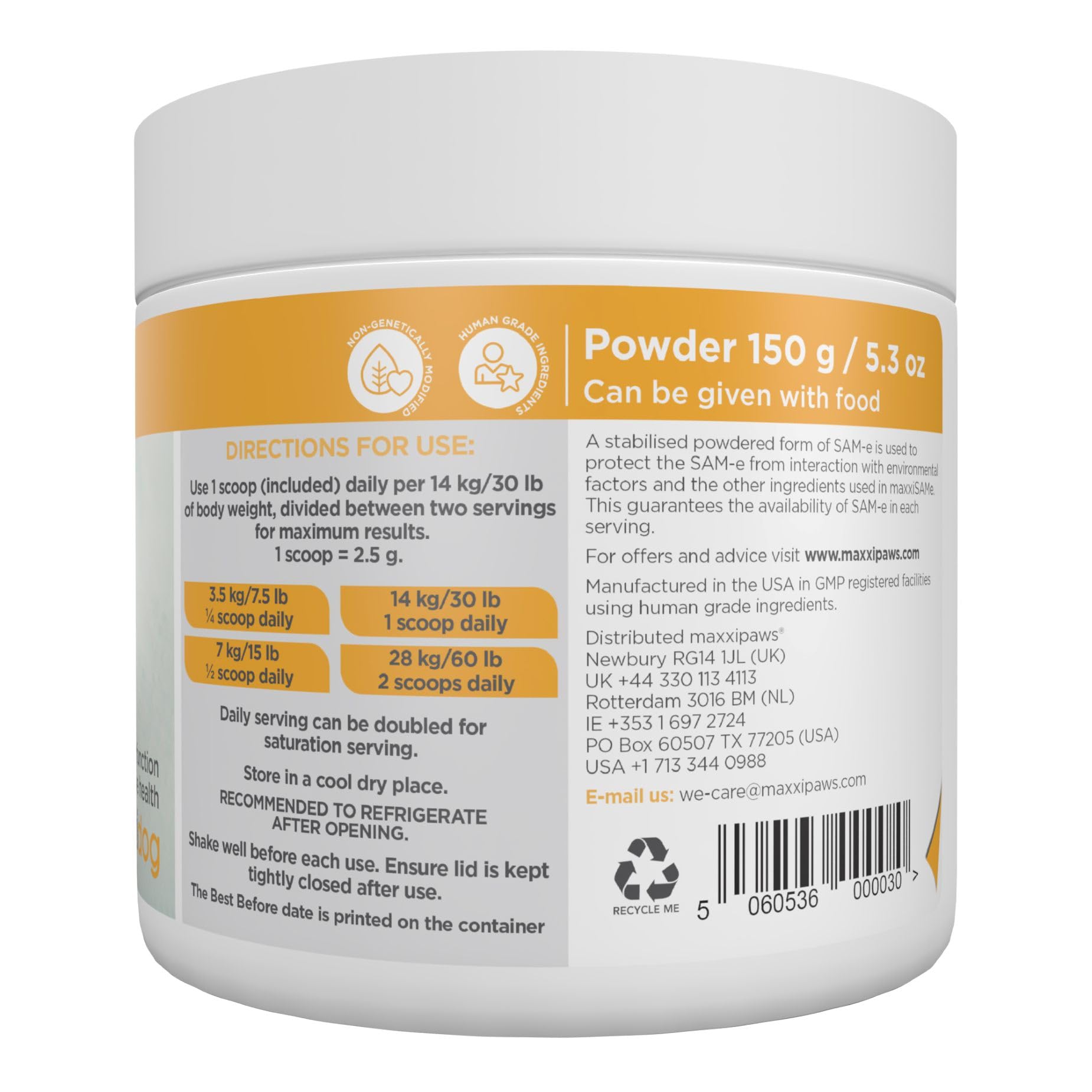 maxxipaws maxxiSAMe powder beside treats encouraging daily administration.