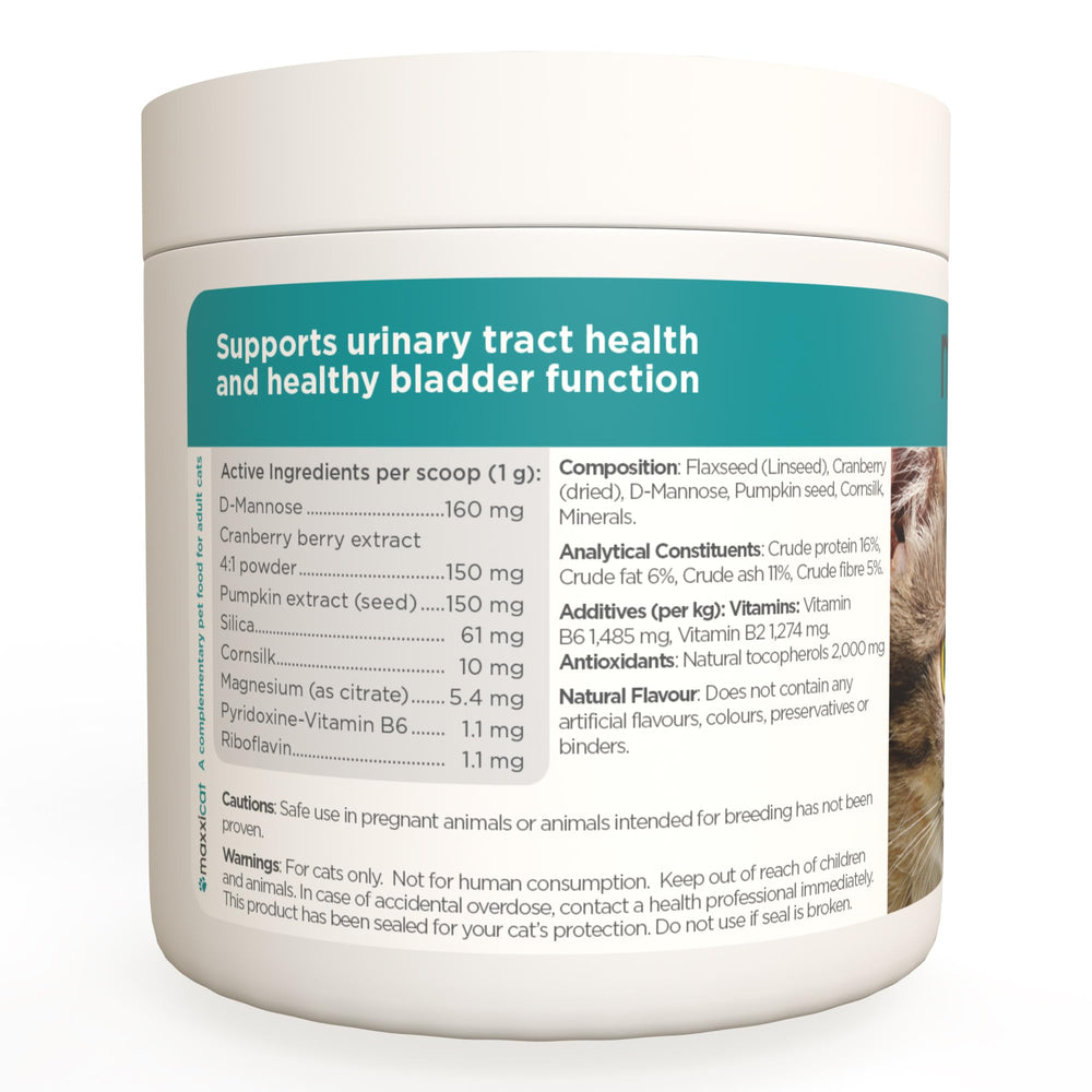 MaxxiPaws maxxiUtract kitten-friendly formula shown with cat enjoying meal.