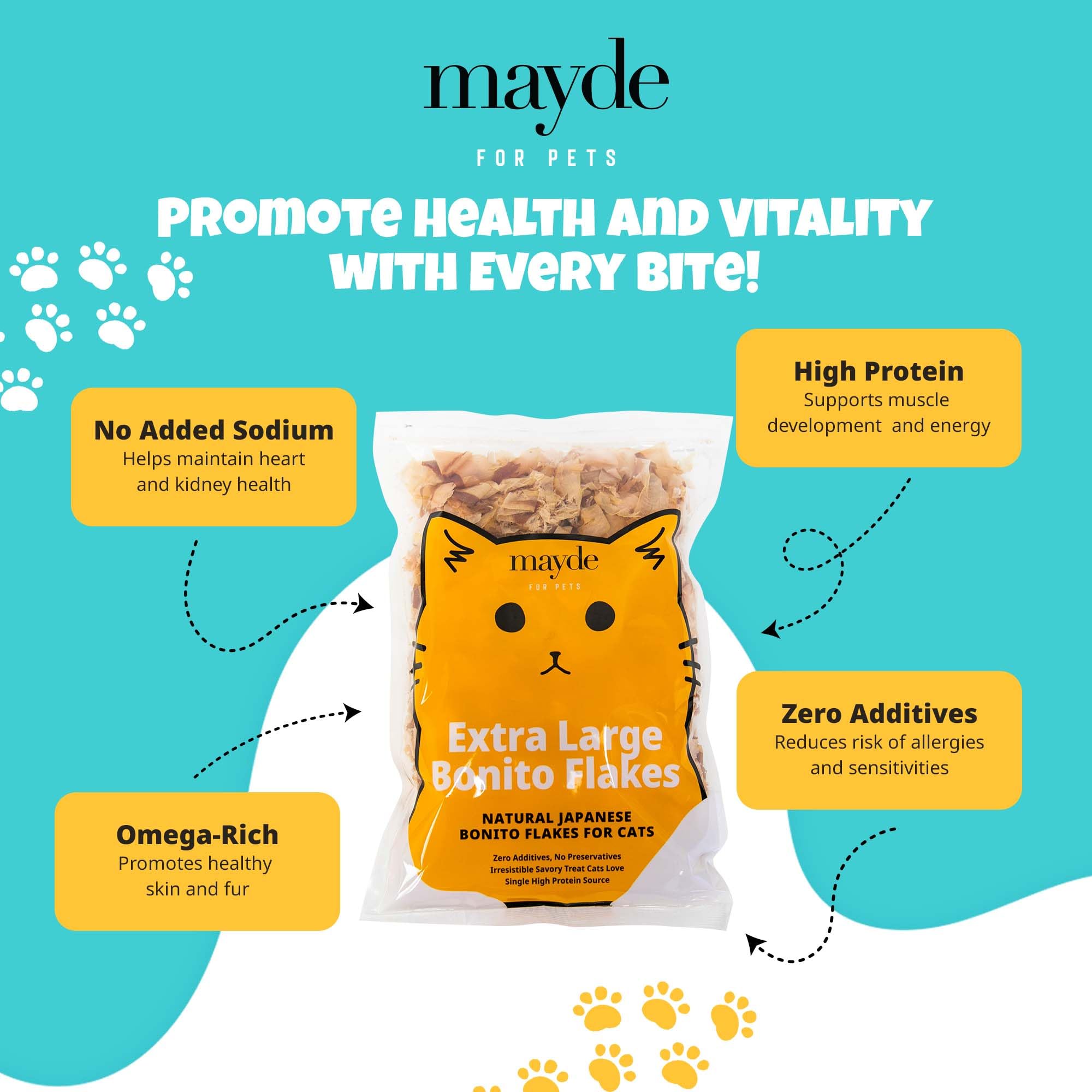 Mayde Bonito Flakes pet topping serve—tasty meal enhancer.