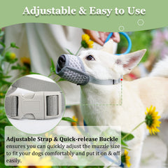 Mayerzon dog muzzle grey demonstrates adjustable nylon strap for secure, easy fitting.