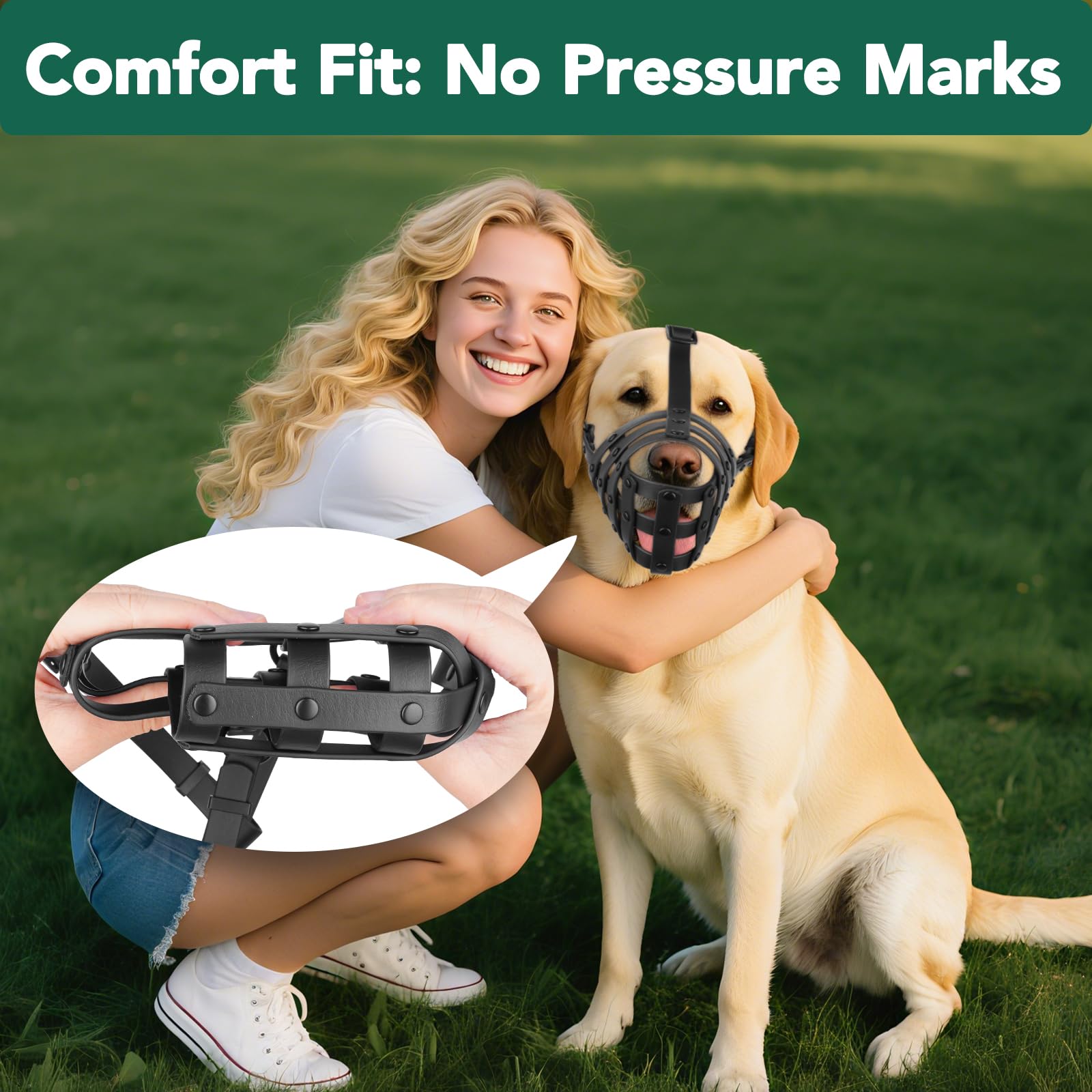Mayerzon dog muzzle quick-release buckles in action for easy on/off