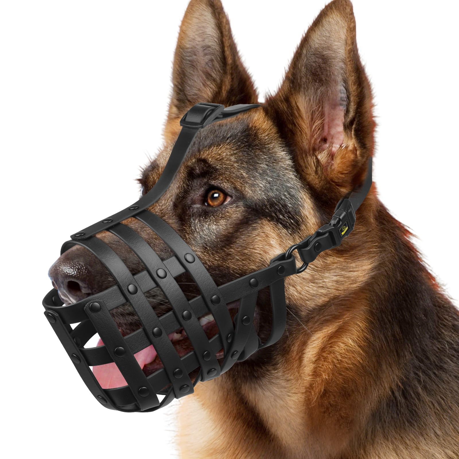 Mayerzon dog muzzle soft material close-up shows comfortable fit for long wear