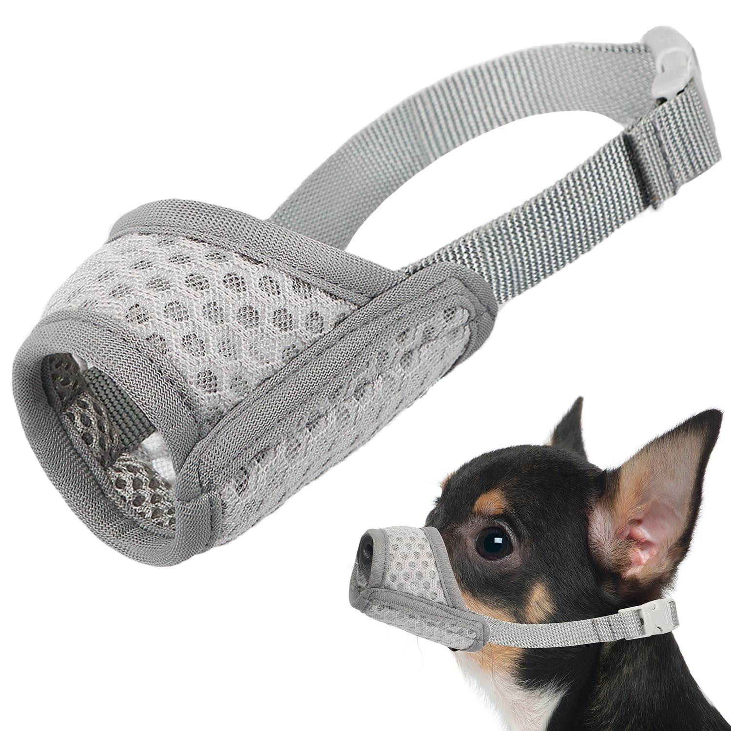 Mayerzon dog muzzle front view grey highlights breathable mesh for comfortable panting.
