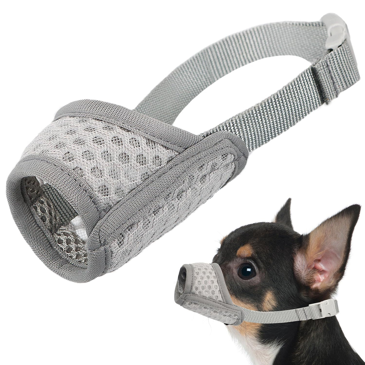 Mayerzon dog muzzle front view grey highlights breathable mesh for comfortable panting.