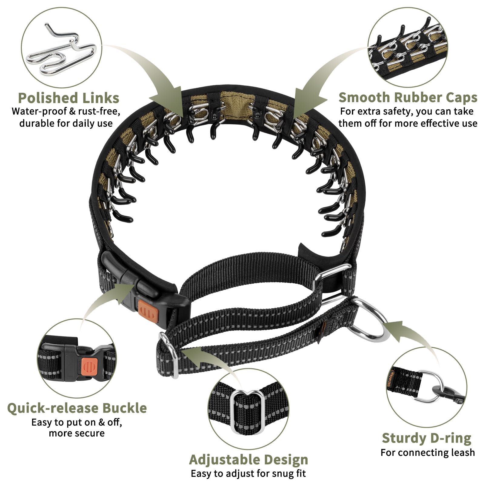 Mayerzon martingale collar close-up highlighting inner two-way chain for gentle, puppy-like correction.