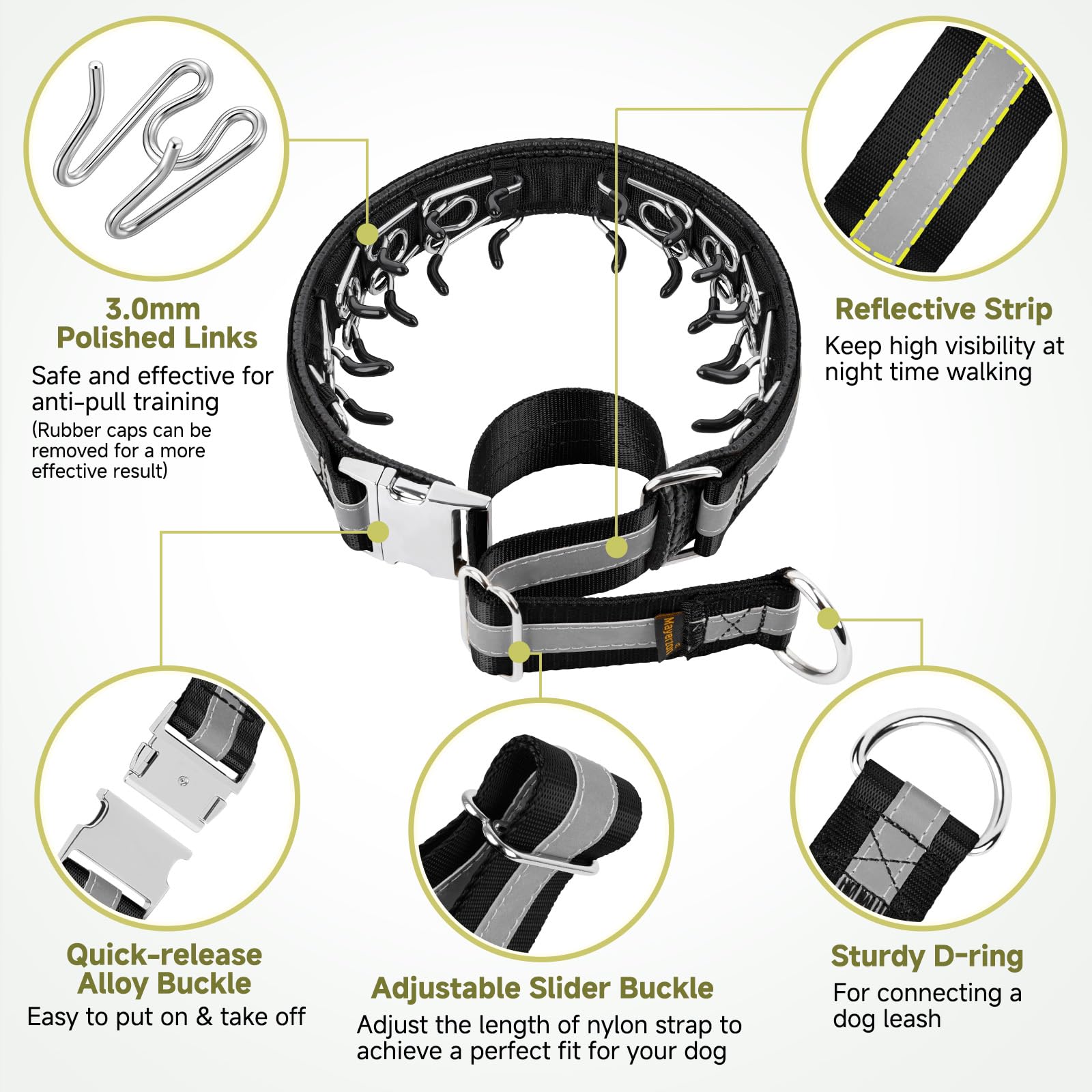 Mayerzon No-Pull Martingale Collar reveals reflective weave for safer evening strolls