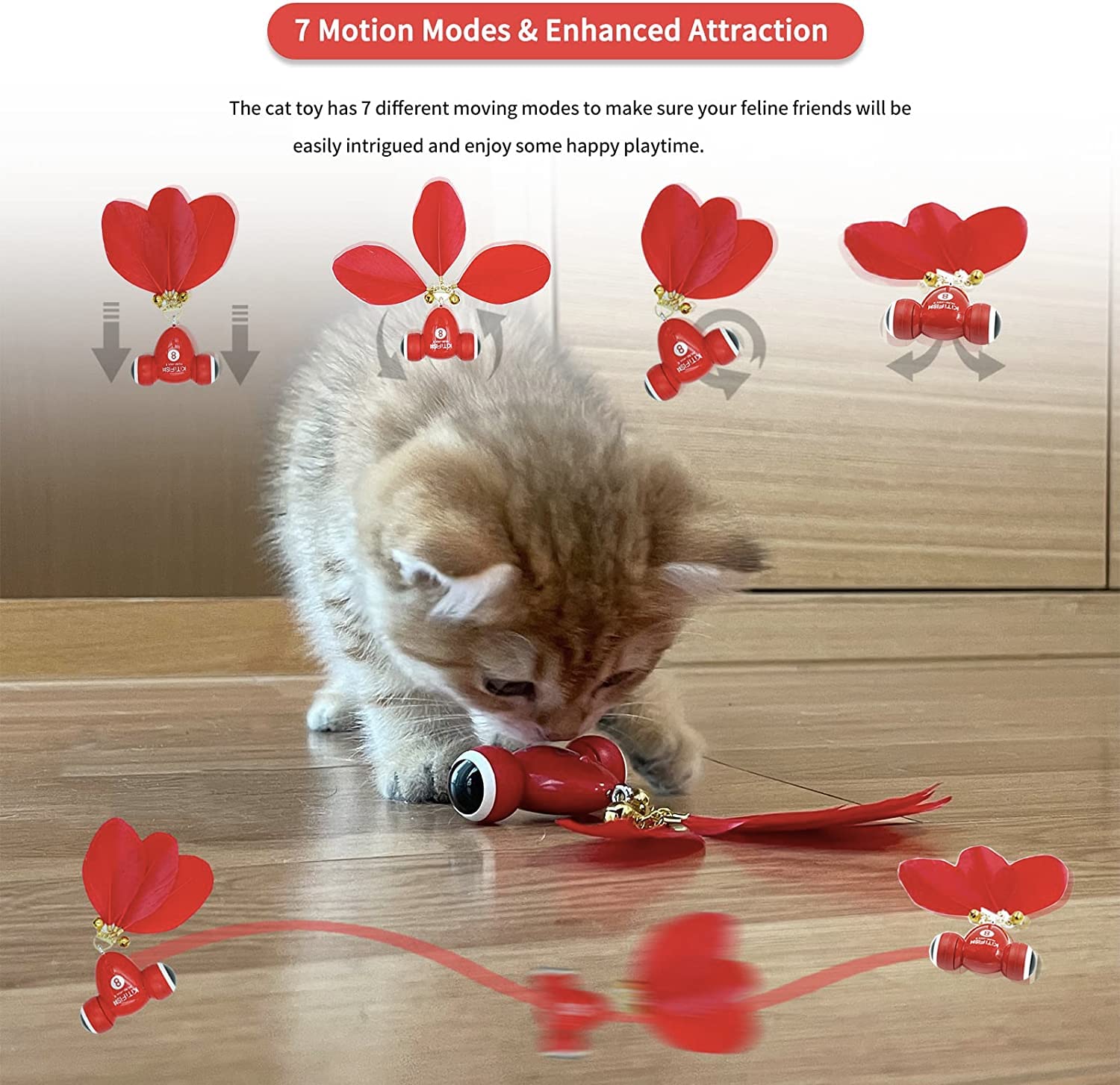 MayMaw KiTiFISH toy features feather and bell for sensory-rich chase rewards