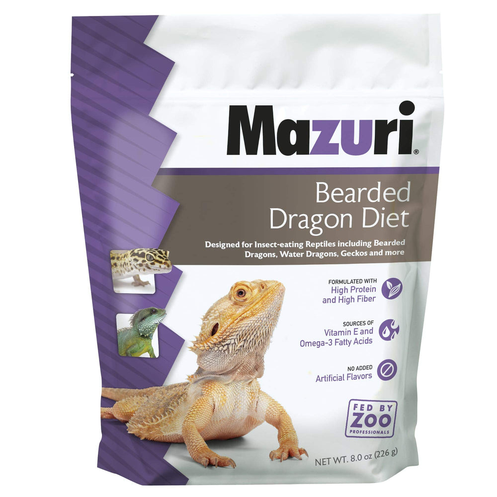 Mazuri Bearded Dragon Food insect-portion-bag highlights omega-3 enriched nutrition for active reptiles.