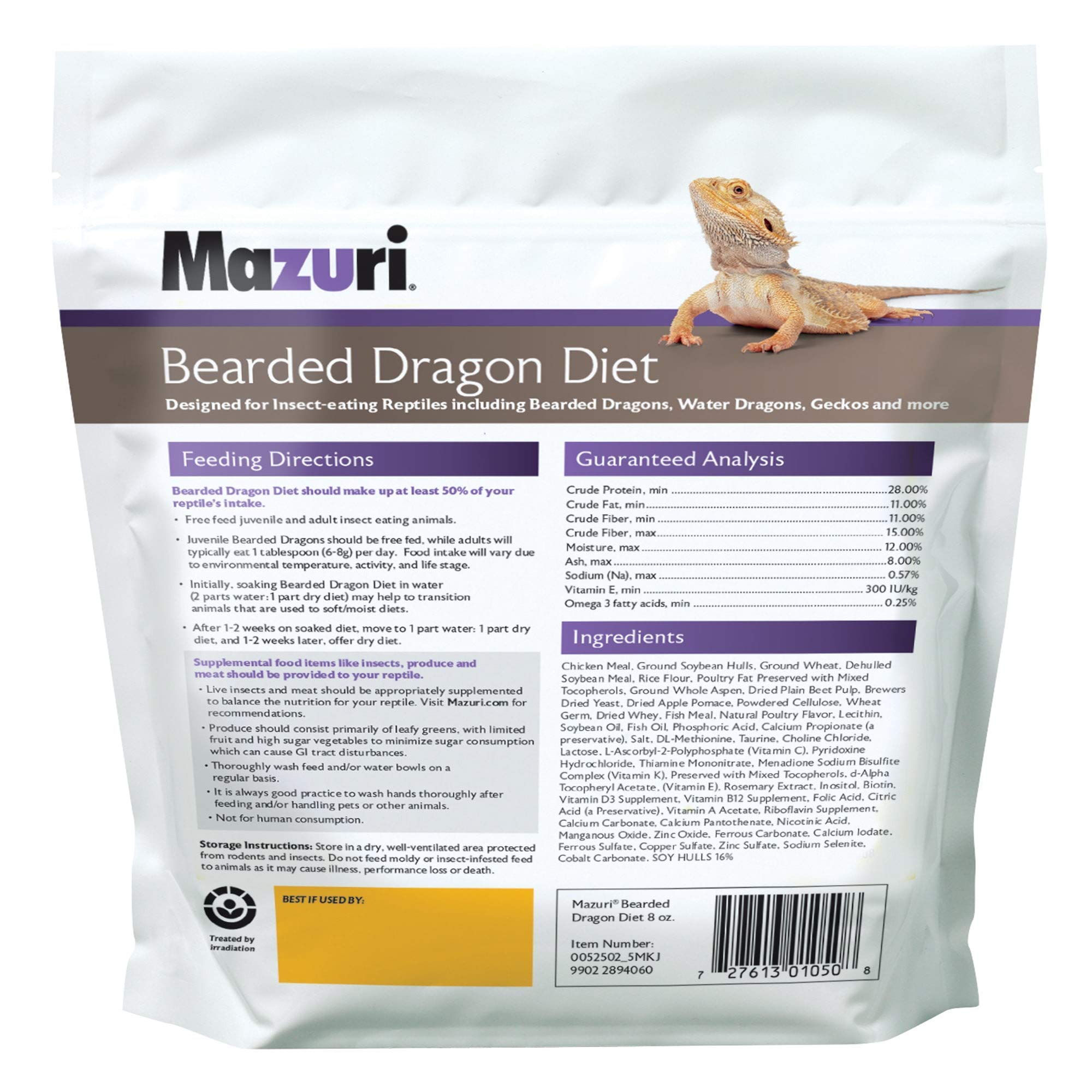 Mazuri Bearded Dragon Food omega-3 and vitamin E close-up shows essential nutrients for bearded dragons.