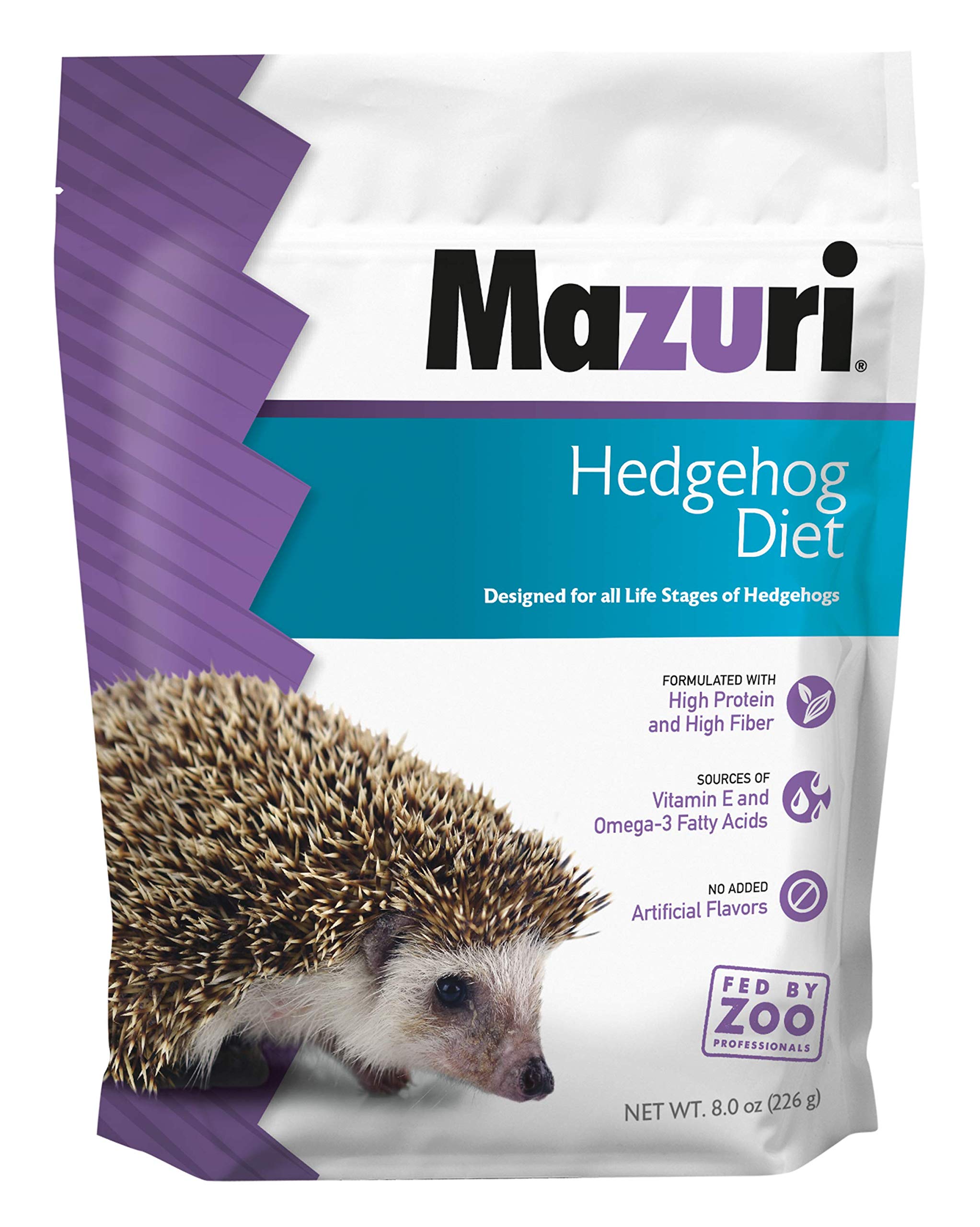 Mazuri hedgehog food bag 8oz showing nutritionally complete pellets for hedgehog care