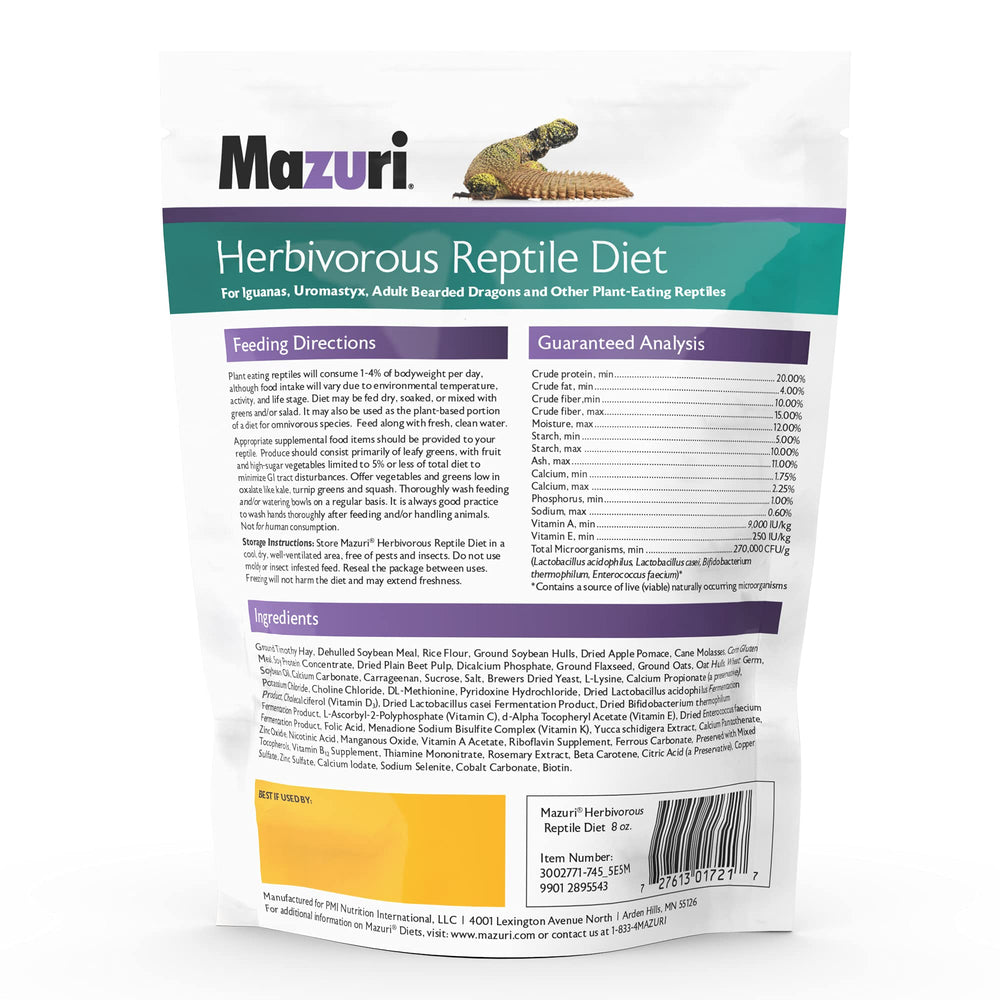 Mazuri Herbivorous Reptile Diet small pellets highlighting extrusion for less waste