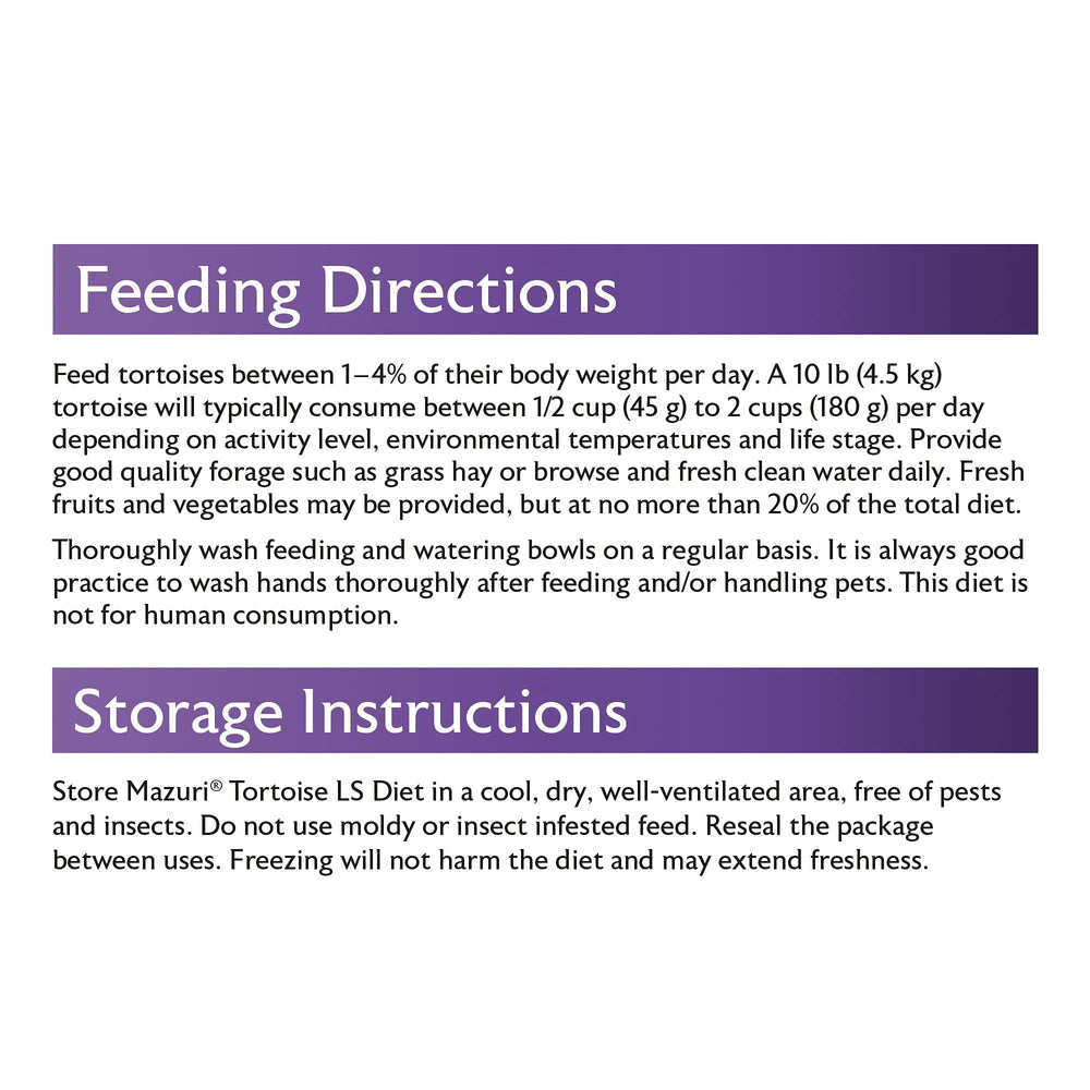 Mazuri Low Starch Tortoise Diet ideal for arid-zone and grassland tortoises and related lizards.