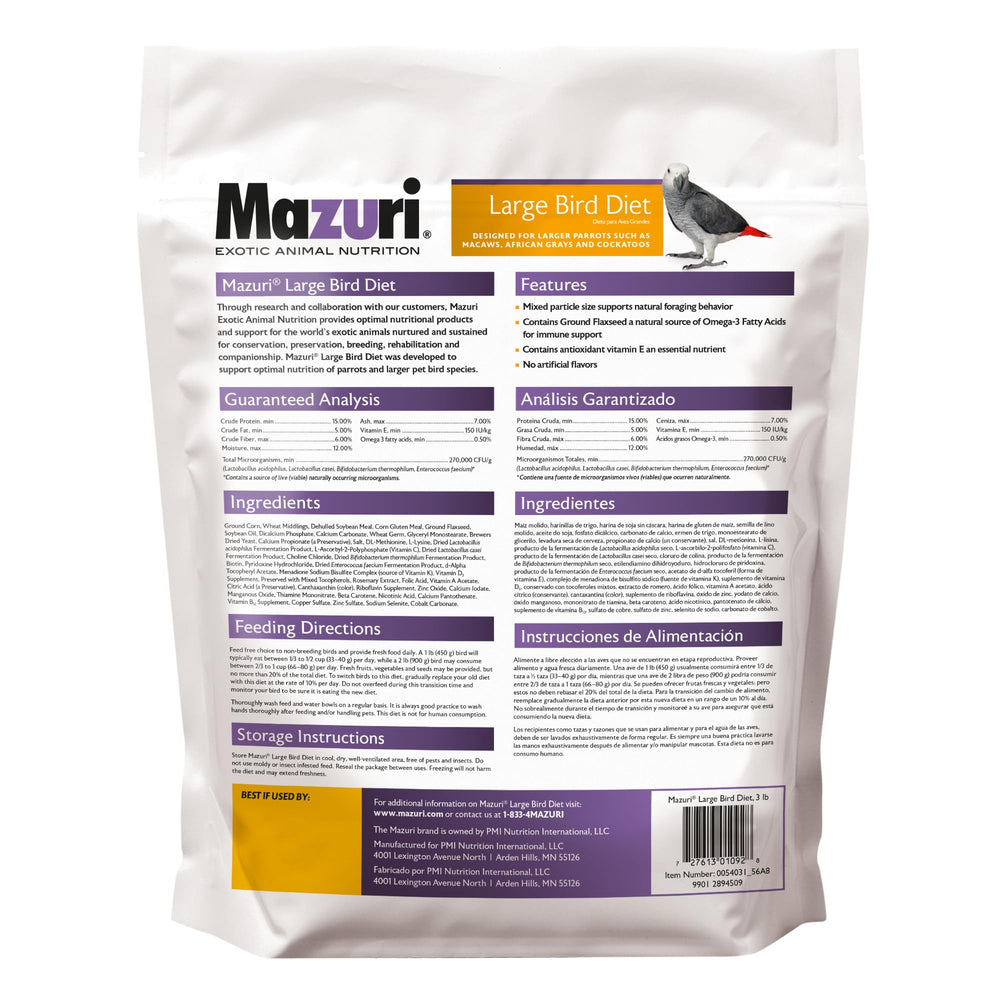 Mazuri nutritionally complete bird food large birds particle size close-up highlighting enrichment variety.