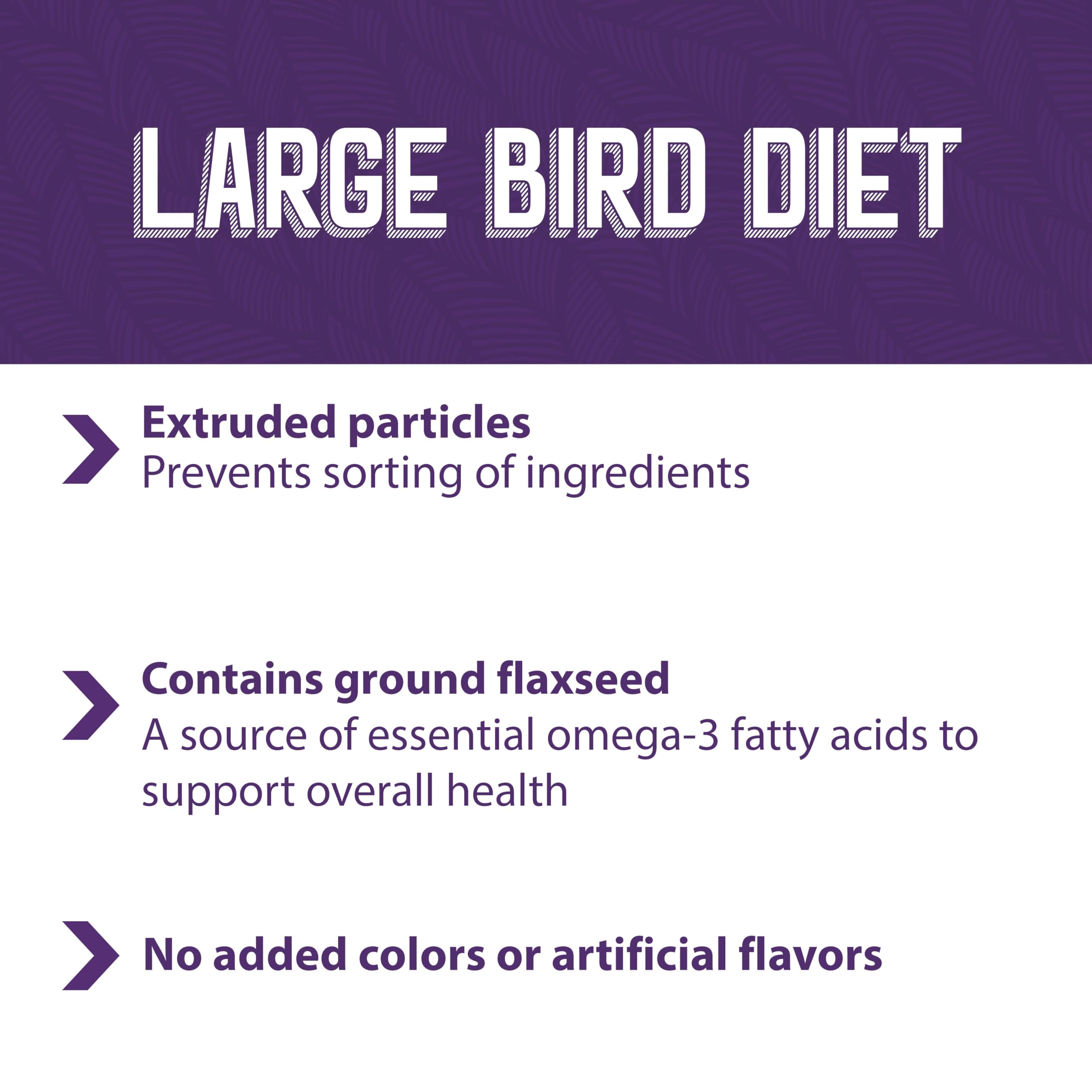 Mazuri nutritionally complete bird food no artificial colors close-up of ingredients and formula.
