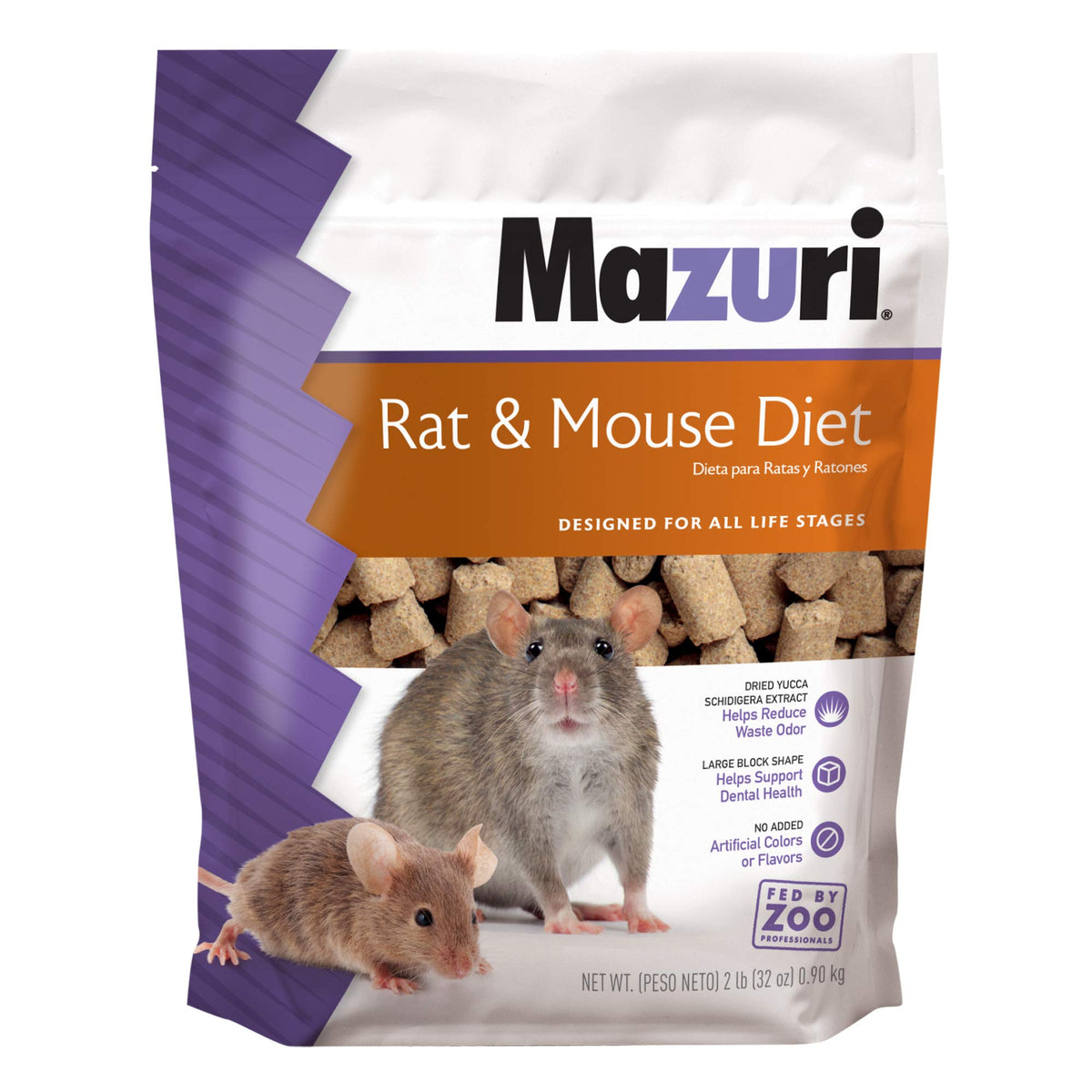 Mazuri rat and mouse food pellet blocks 2lb packaging supports convenient feeding.