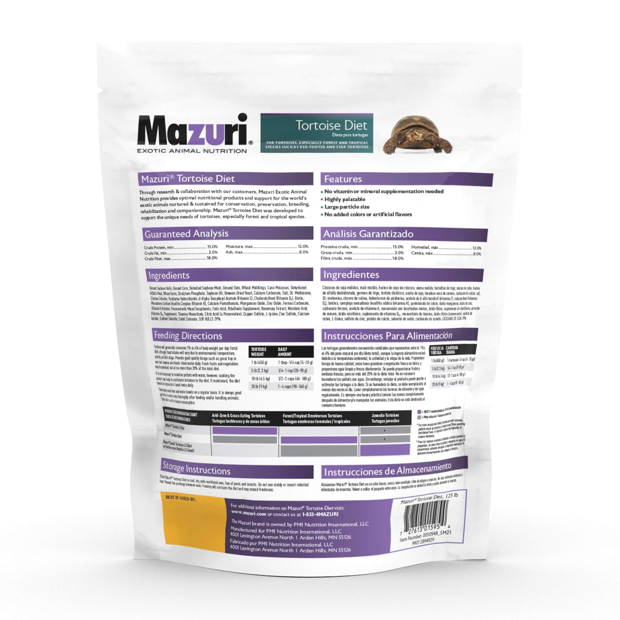 Mazuri Tortoise Diet bag front — convenient 1.25 lb bag for tropical species.