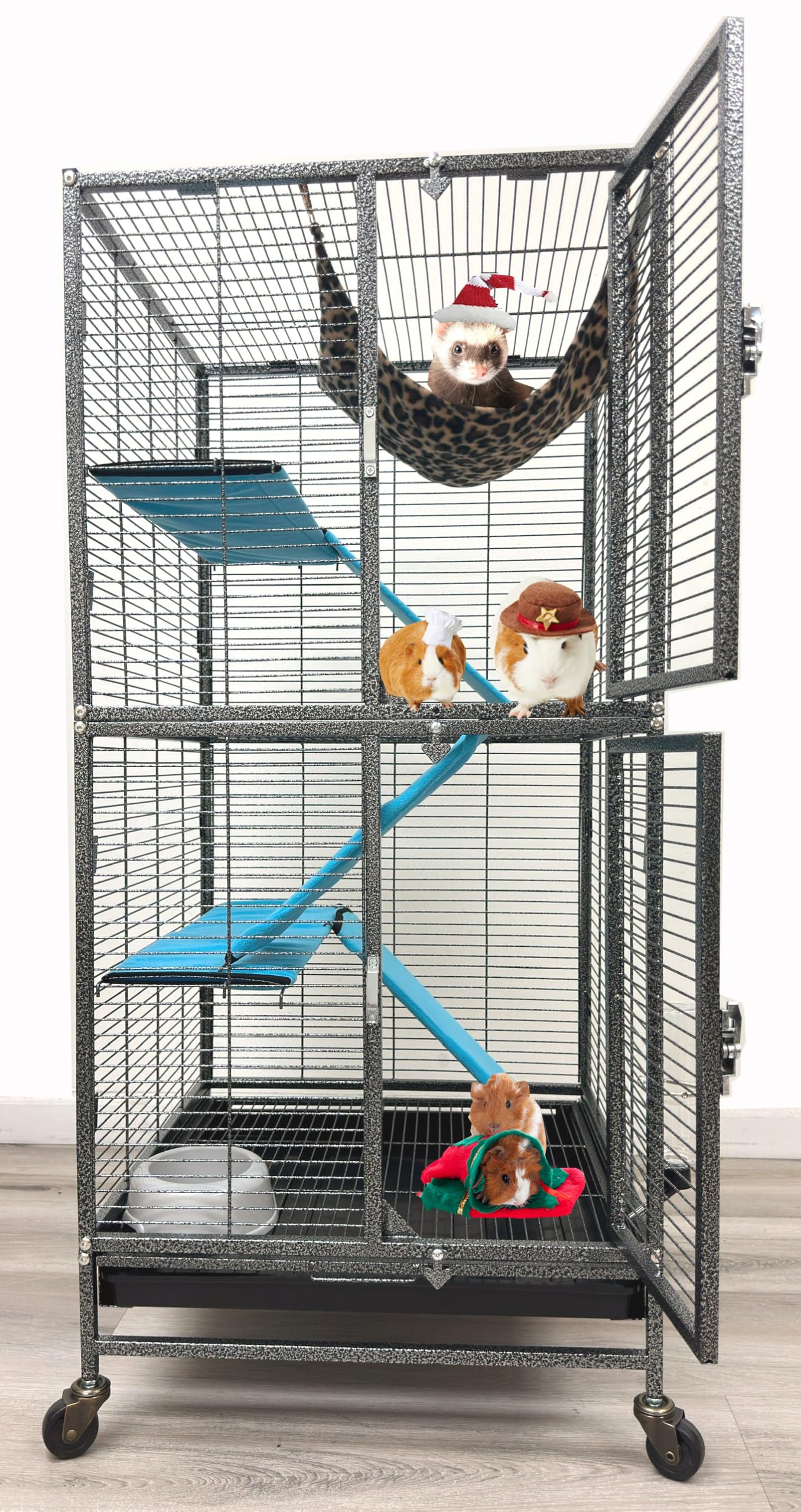 Mcage Deluxe Double Unit 2-Story cage offers ample space for play and climbing.