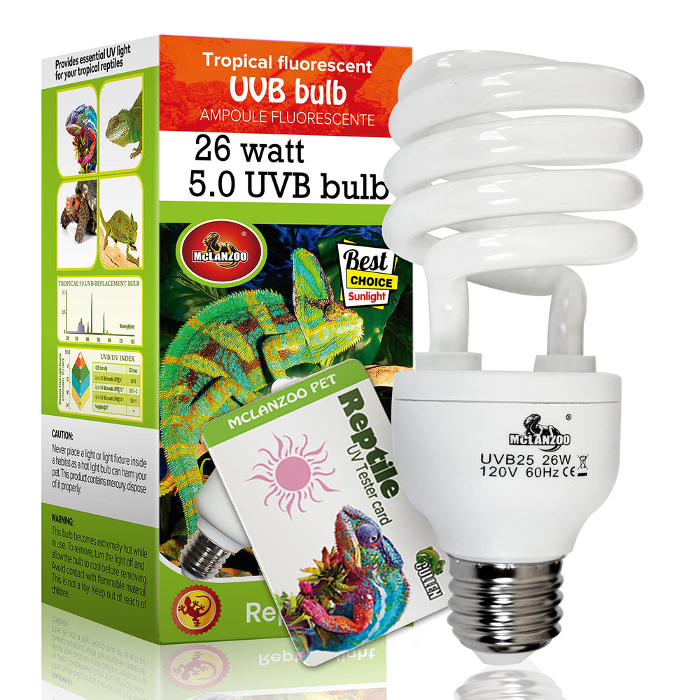 MCLANZOO UVB 5.0 tropical 26W bulb for reptile terrarium activity.