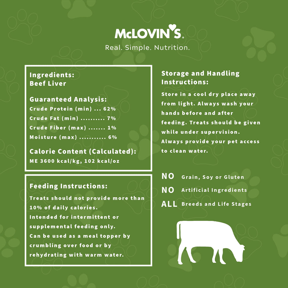 Single-ingredient McLovin's liver toppers shown on a feeding dish