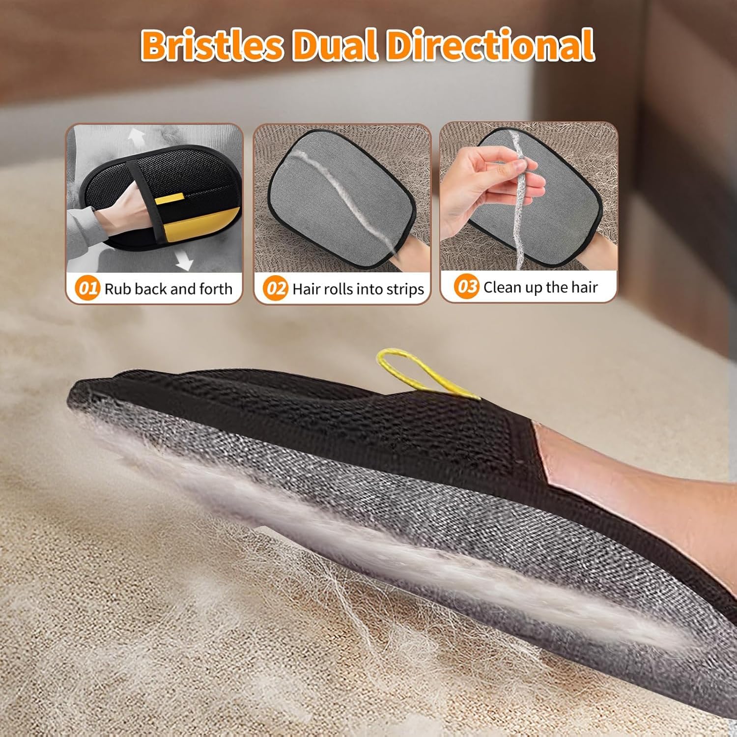 Mcocoee Pet Hair Removal Glove on large fabric area shows substantial cleaning coverage.