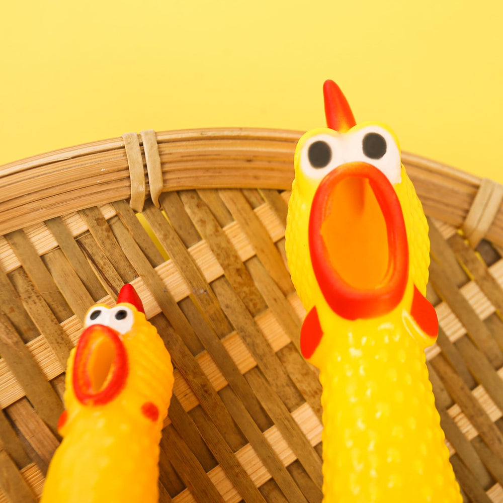 MCPINKY googly-eyed chicken illustrating quirky look for entertainment.