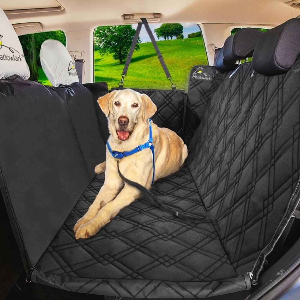 Meadowlark dog seat cover delivers full backseat protection against pet hair and dirt.