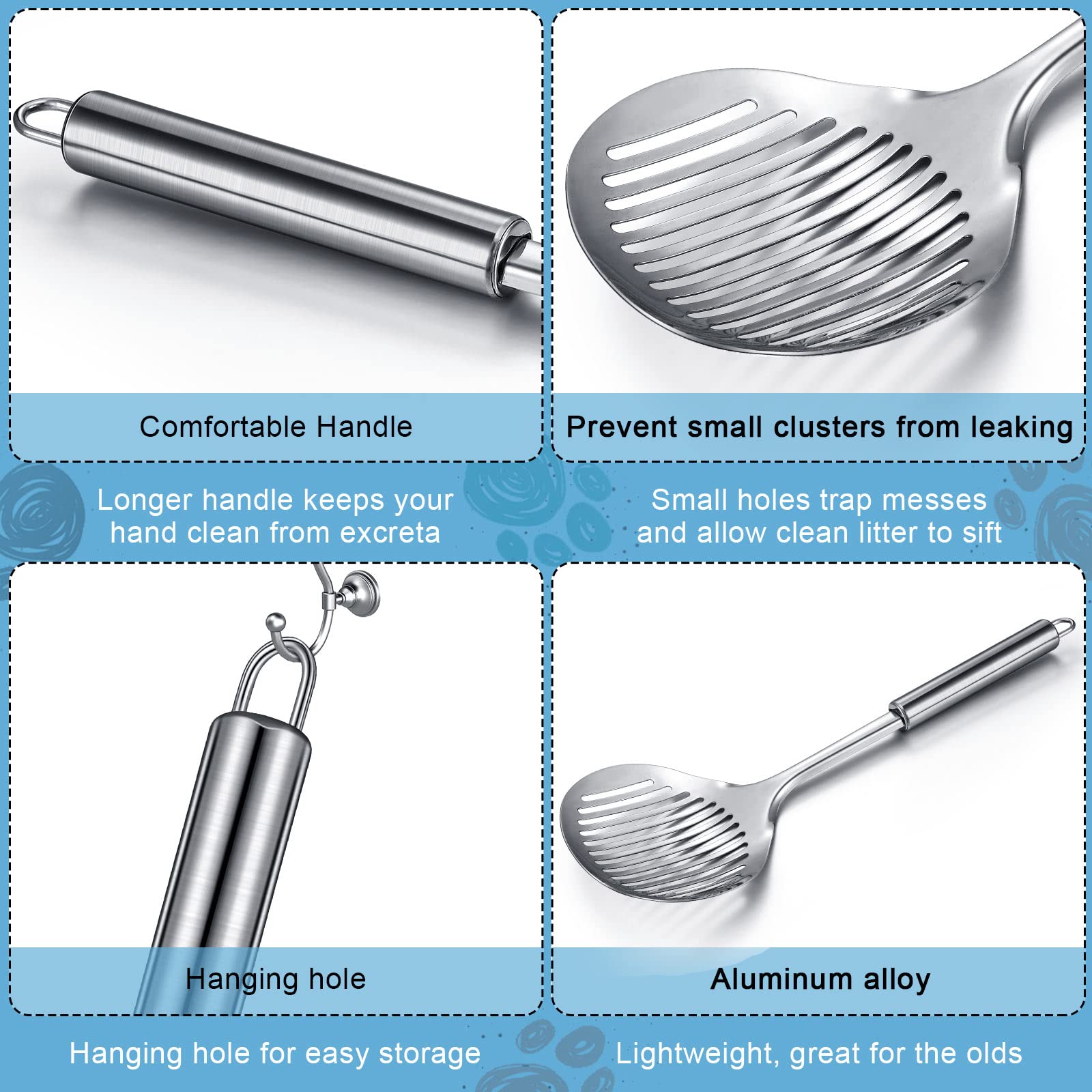 Meanplan metal litter scoop cleans quickly with water for tidy, ready-to-use litter box.