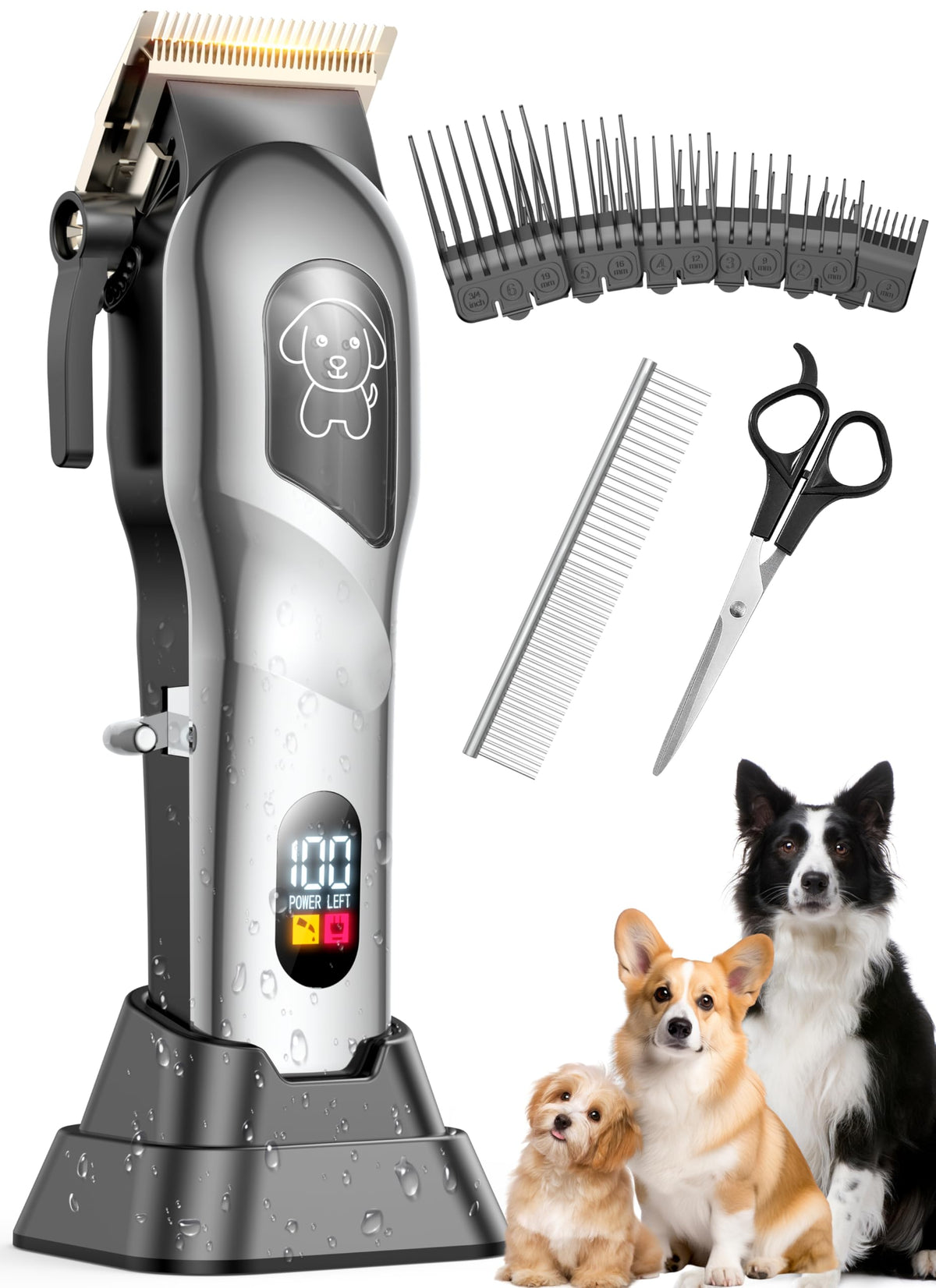 Mearens dog clippers on charging dock ready for quick cordless grooming sessions.