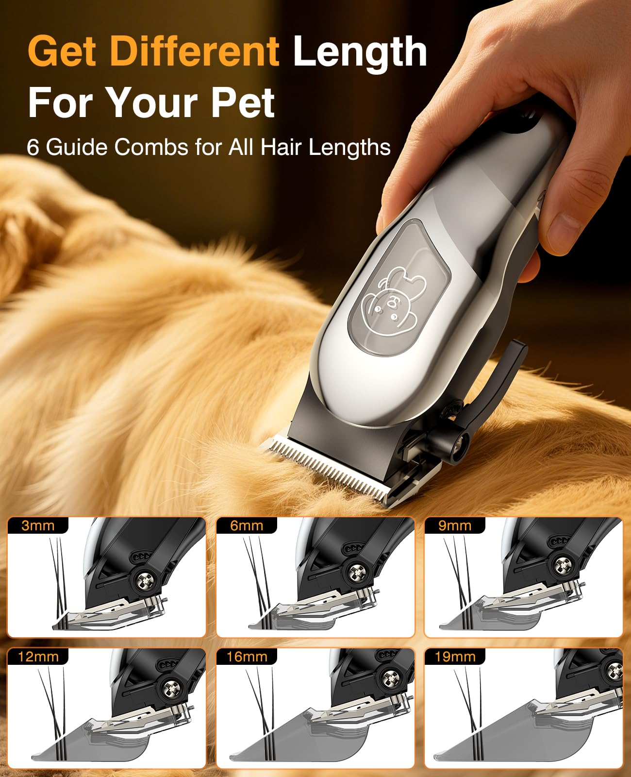 Mearens dog clippers with six guide combs for precise trimming lengths.