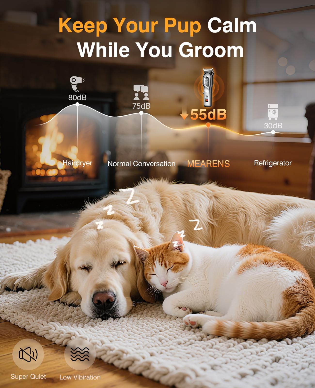 Mearens dog clippers operated with low noise for calm home grooming.