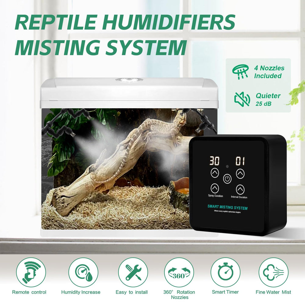 MECESOR 360 rotating nozzles provide complete humidity coverage around reptiles.