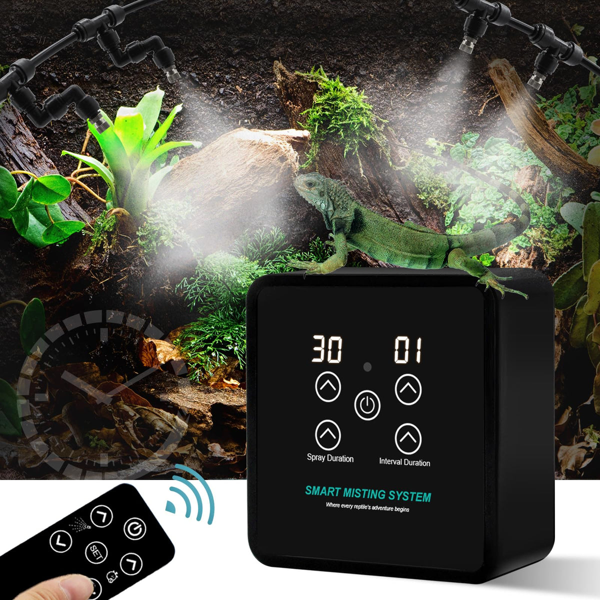 MECESOR Automatic Mister Timer setup enables precise spray control for terrariums.