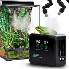 MECESOR automatic reptile mister with 360-degree nozzle coverage for terrarium humidity.