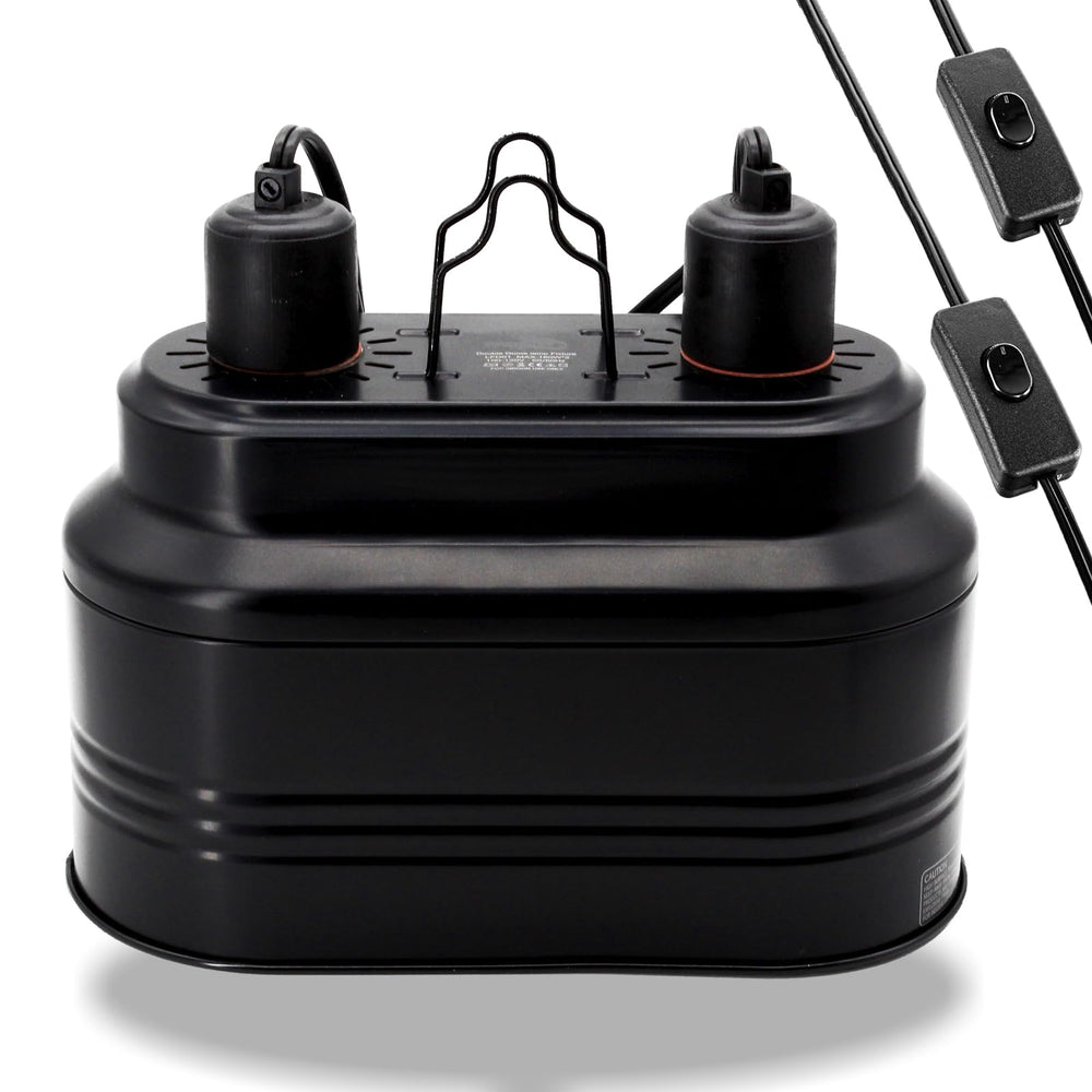 MECESOR dual reptile lamp fixture mounted in terrarium for efficient heat and UVB exposure