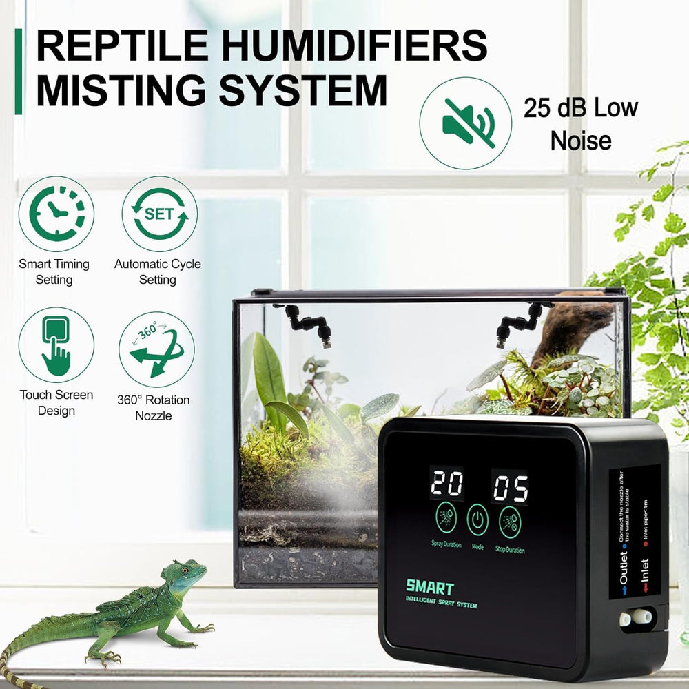 MECESOR misting system with 360° nozzle rotates to reach every corner of the habitat.
