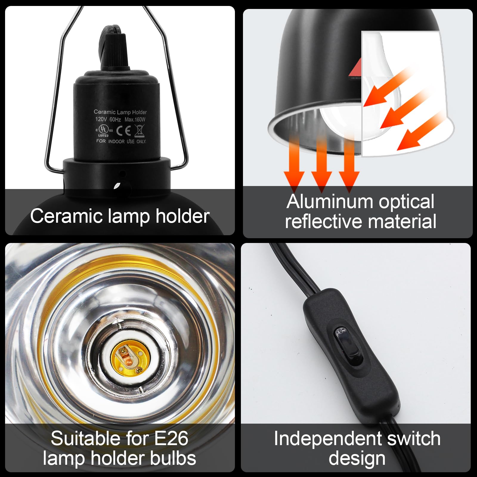 MECESOR reptile light fixture E26 ceramic head handles up to 160W