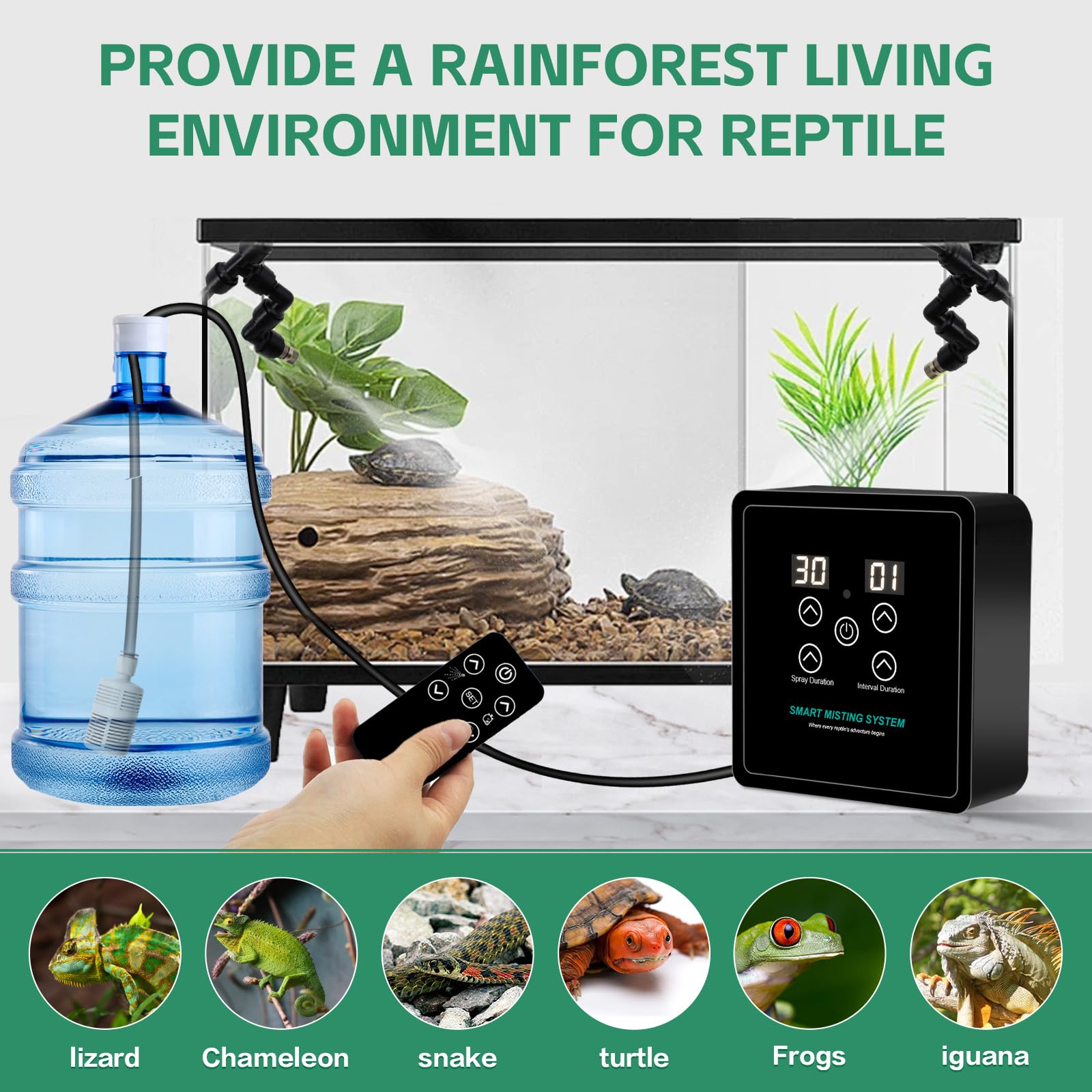 MECESOR terrarium misting in rainforest scene delivering consistent humidity.