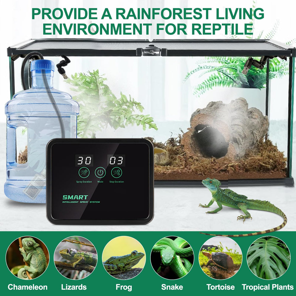 MECESOR terrarium mister suitable for chameleons, snakes, and frogs in rainforest settings.
